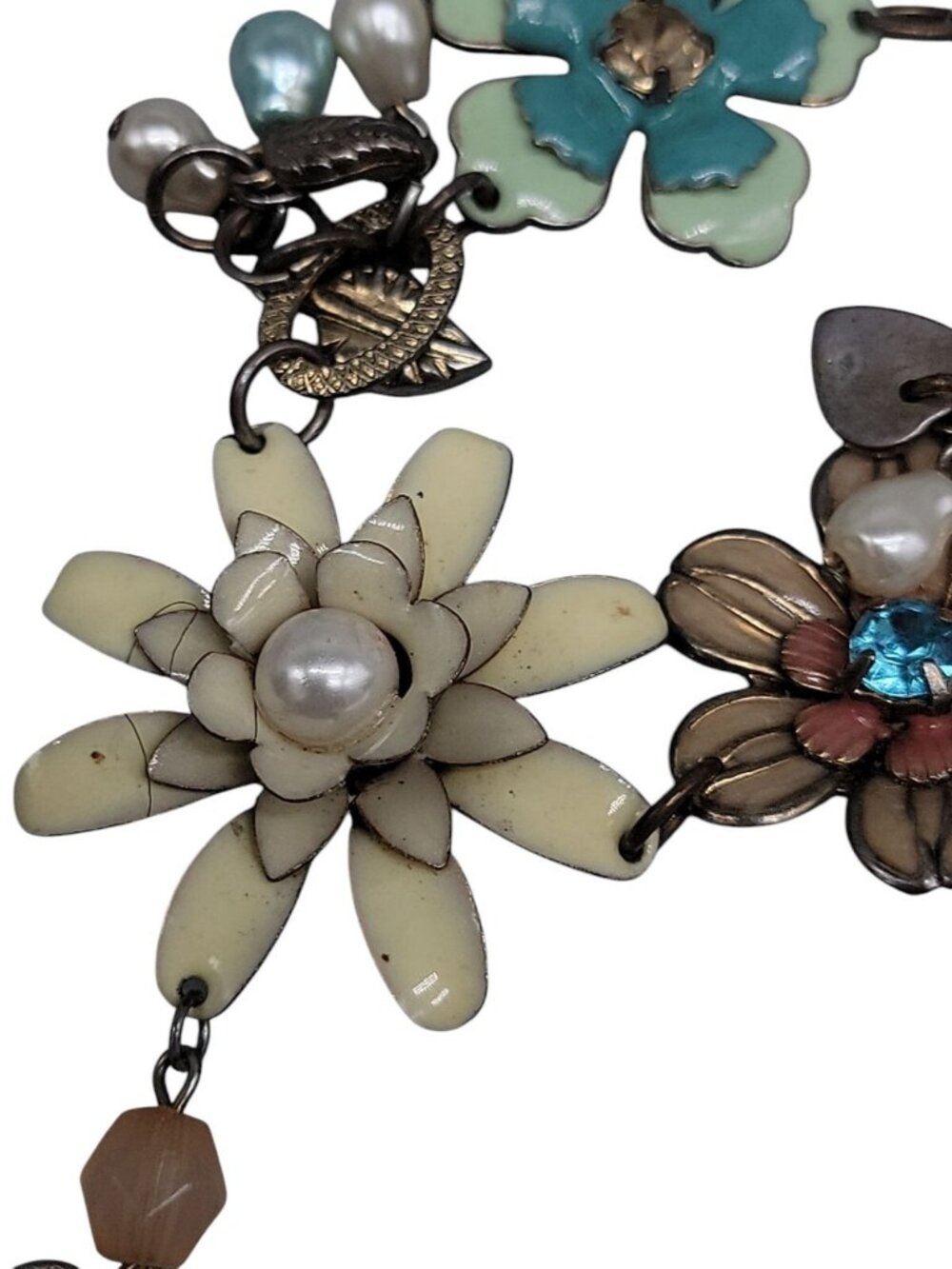 Vintage Plunder Dangling Flower Necklace Multicolor Rhinestones Silver Tone 20" - Picture 14 of 16